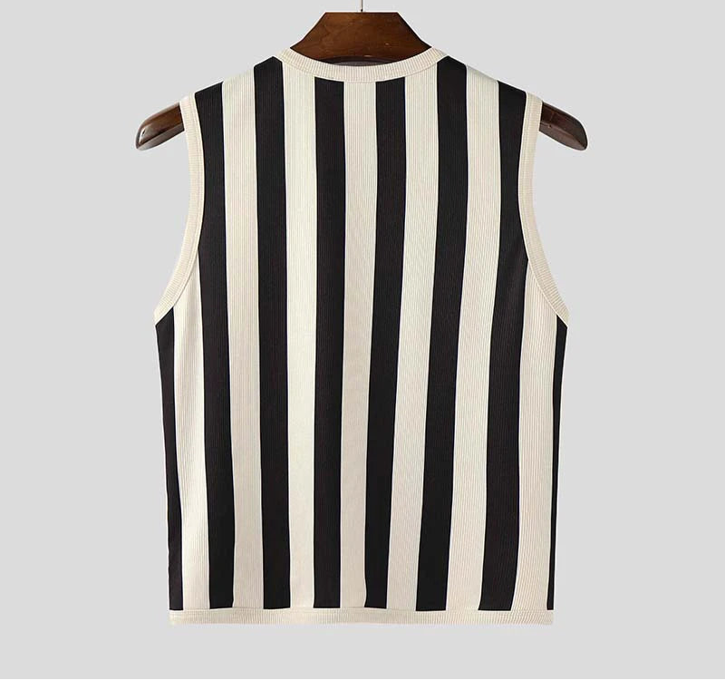 Men Tank Tops Striped Lace Up Sleeveless Summer Knitted Male Vests Streetwear Hollow Out Sexy Fashion Unisex Crop Tops INCERUN voguable
