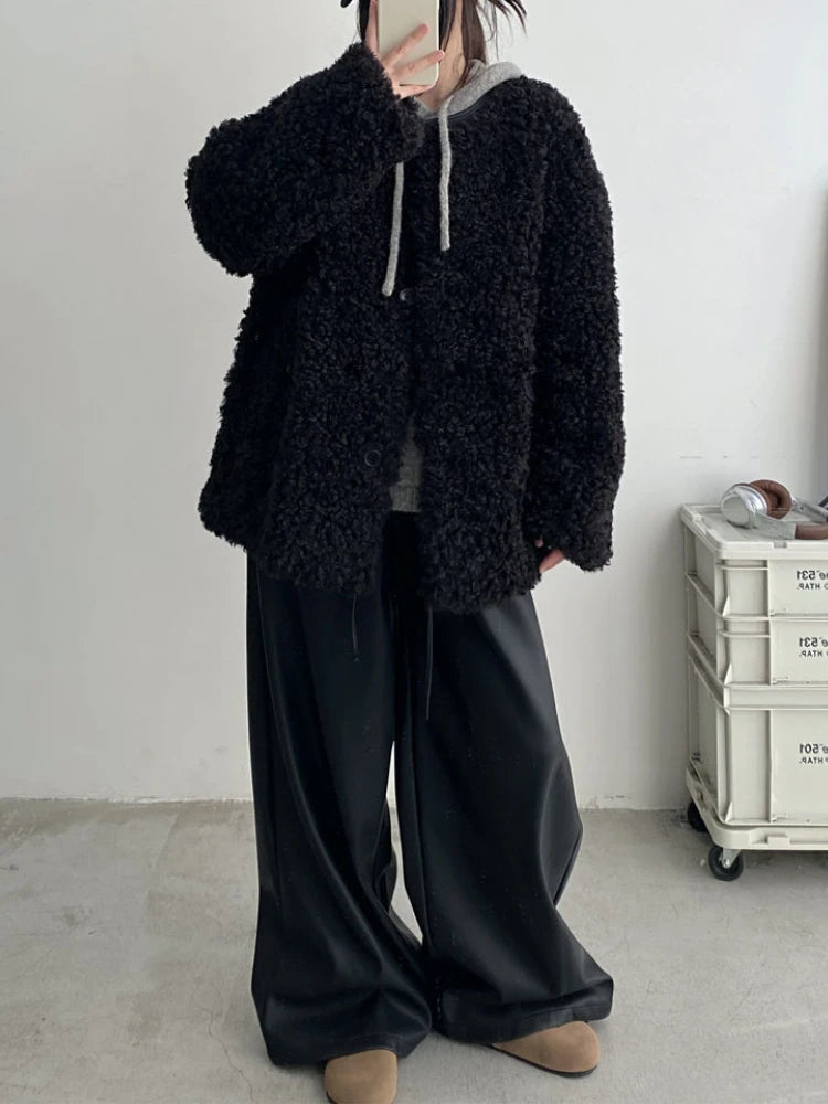 Black Pu Leather Pants Women Y2K Korean Elegant Fashion Drawstring Wide Leg Trousers High Waist Oversized Streetwear Trousers voguable