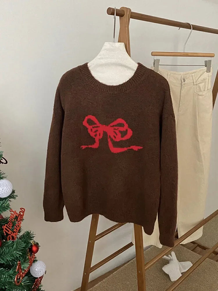 Sweet Knitted Sweater Women Oversized Bow Embroidery Pullover Korean Fashion Casual Jumper All-Match Autumn Winter High Street voguable