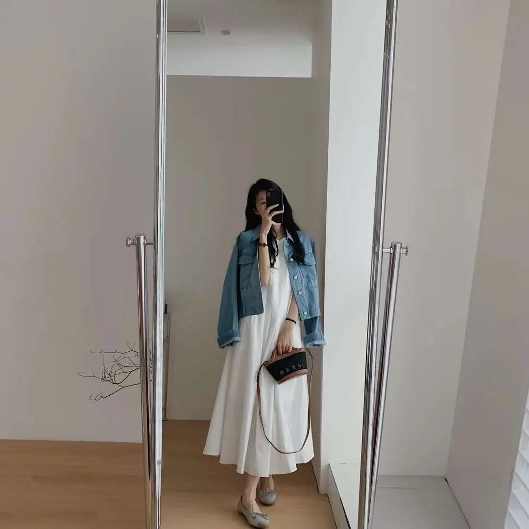 Voguable Women Casual Sleeveless Round Neck Solid Color Dresses 2023 Summer Japan Style Loose Fit High Waist Camisole Elegant Dress voguable