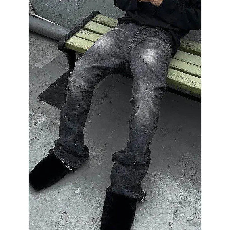 Voguable  Retro Washed American Style Graffiti Distressed Wide Leg Jeans Men Women Loose Fit Long Trousers Casual Straight Cut Pants voguable