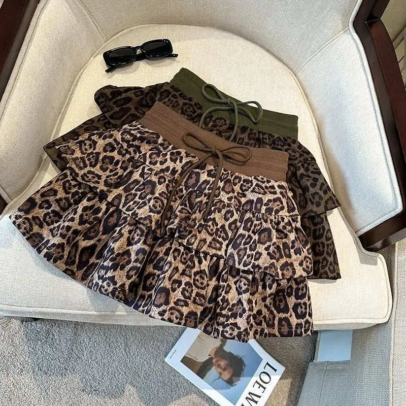 American Leopard Print Women Fluffy Skirts Y2K Summer High Waist Ruffles Mini Skirts Fashion Sweet Preppy All Match A Line Skirt voguable