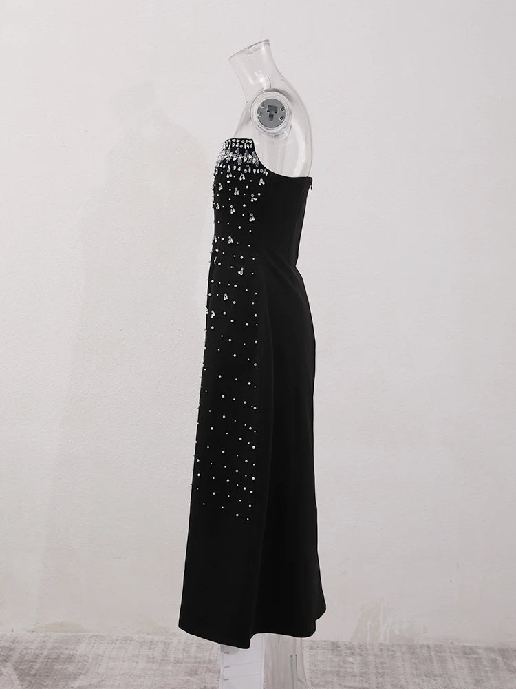 French Style Diamond Spliced Party Maxi Dresses For Women Slash Neck Sleeveless High Waist Black Female Dress 2025 voguable