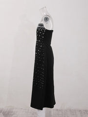 French Style Diamond Spliced Party Maxi Dresses For Women Slash Neck Sleeveless High Waist Black Female Dress 2025 voguable