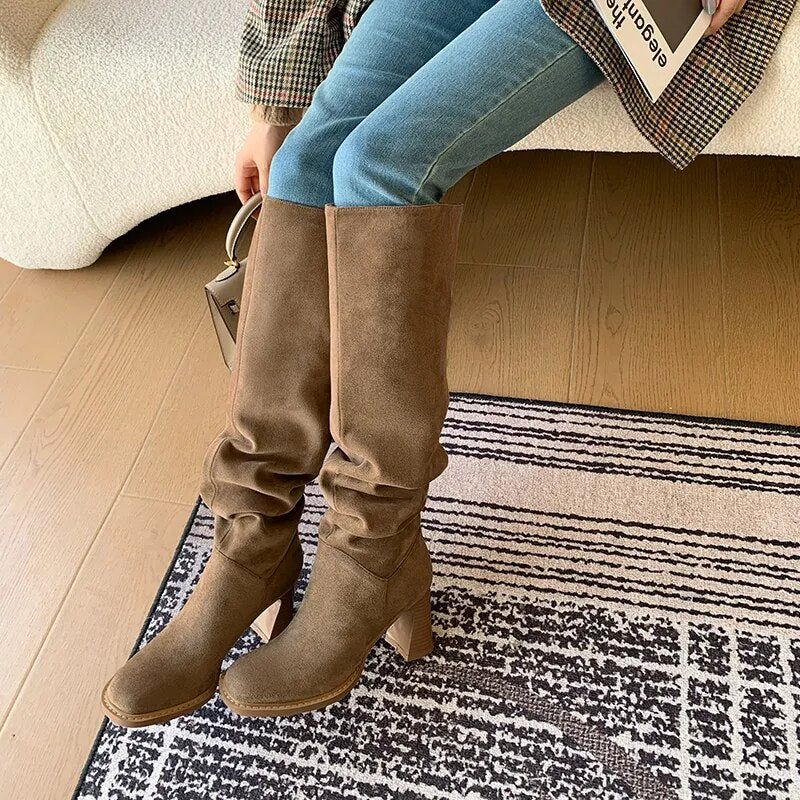 Suede Daily Botas Round Toe Autumn Winter Woman Boots Cowgirls Western Boots Woman Slip on Simple Pleated Knee-High Shoes voguable