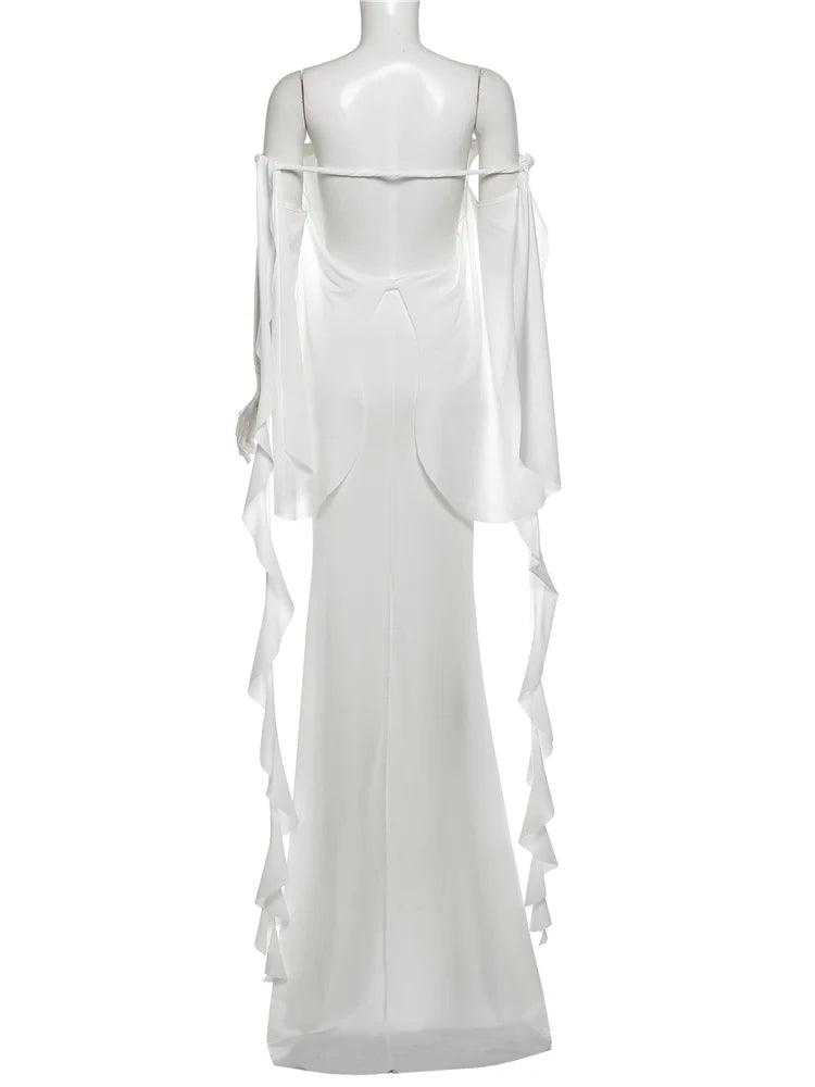 Voguable  Wedding Long Dress Women 3d Flowers Slash Neck Backless Irregular Ruffled Tassels Dinner Party Elegant Chic Vestidos voguable