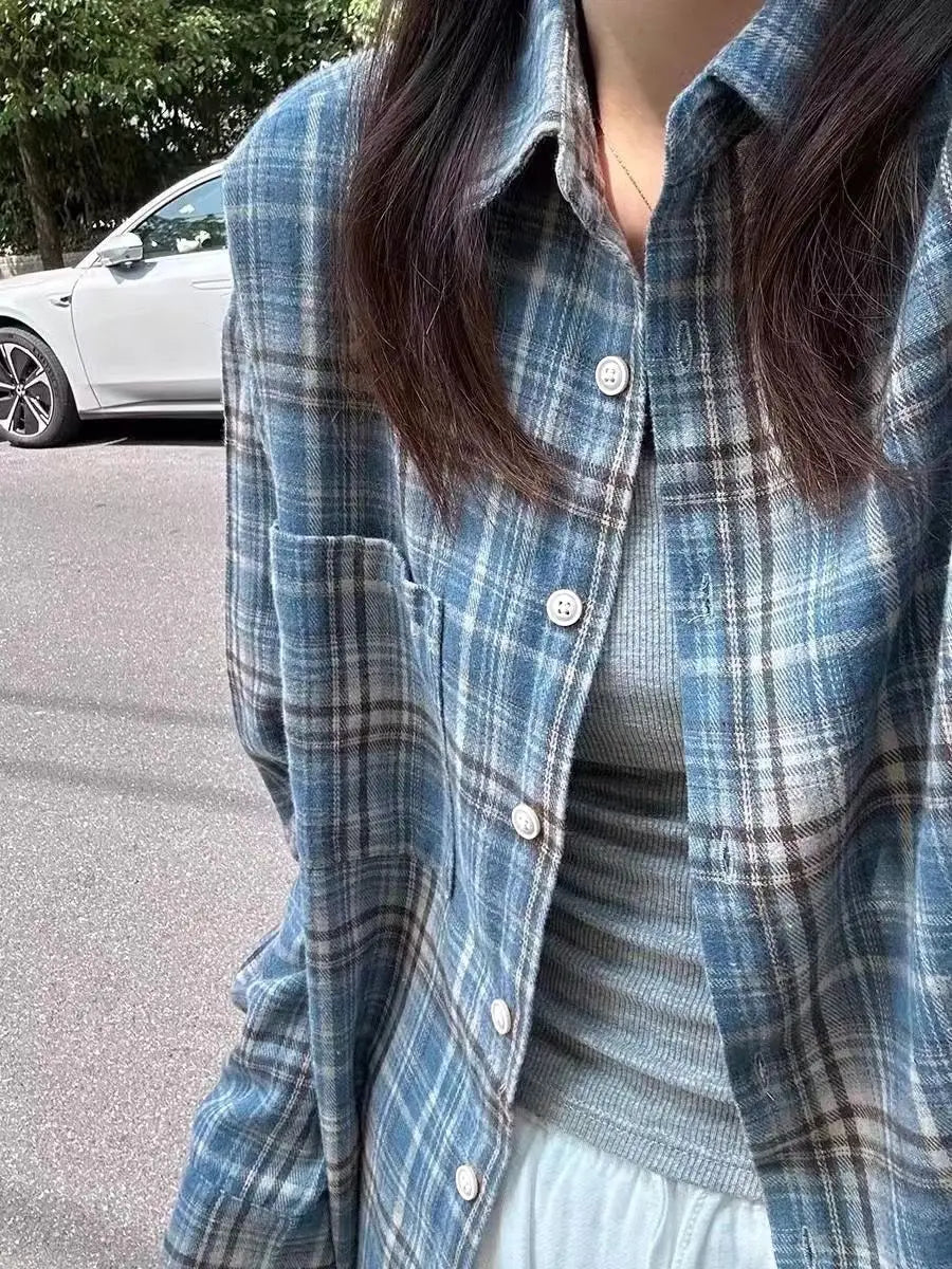 Women Shirt Women Long Sleeve Mid Length Vintage Blue Plaid Pocket Turn down Collar Preppy Style Shirts Blouse Female Cardigan voguable
