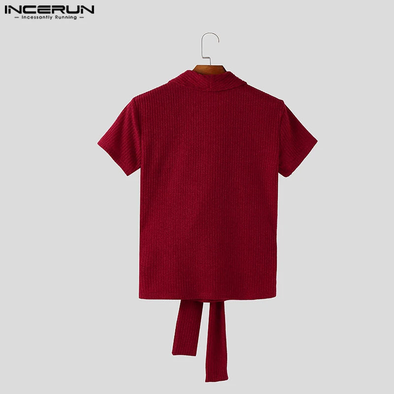 Men T Shirt Knitted Solid Color V Neck Short Sleeve Summer Male Tee Tops Streetwear 2025 Lace Up Fashion Men Clothing INCERUN voguable