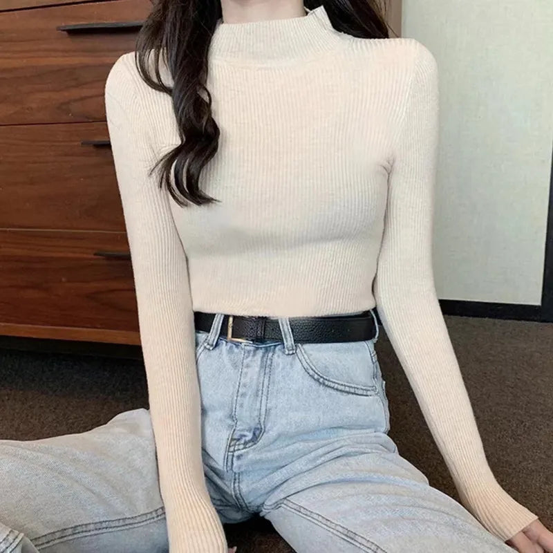 Elegant Solid Basic Knitted Tops Women Turtlneck Sweater Long Sleeve Casual Slim Pullover Korean Fashion Simple Chic Clothes voguable