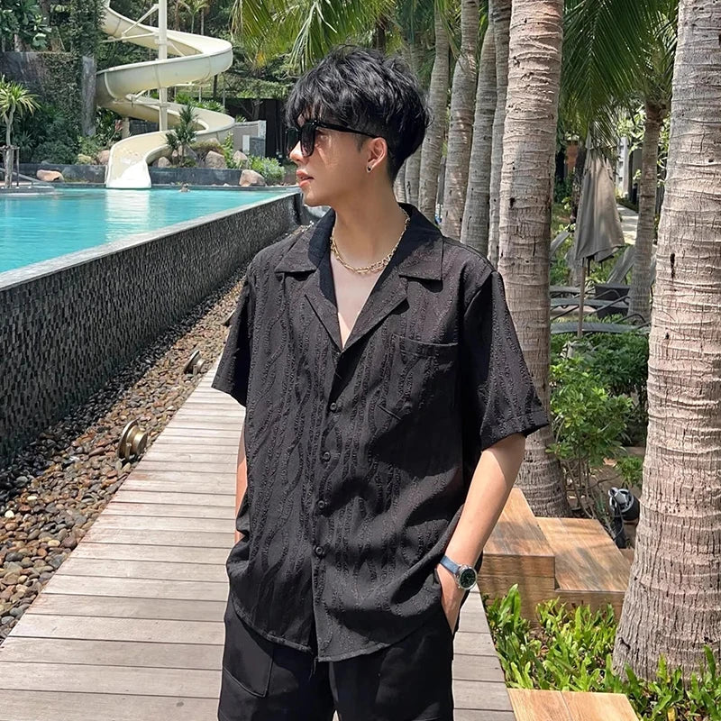 Summer Men's Clothing Light Luxury Jacquarded Suit Collar Shirts Streetwear Button-down Short Sleeve Retro Leisure Fashion M-3XL voguable