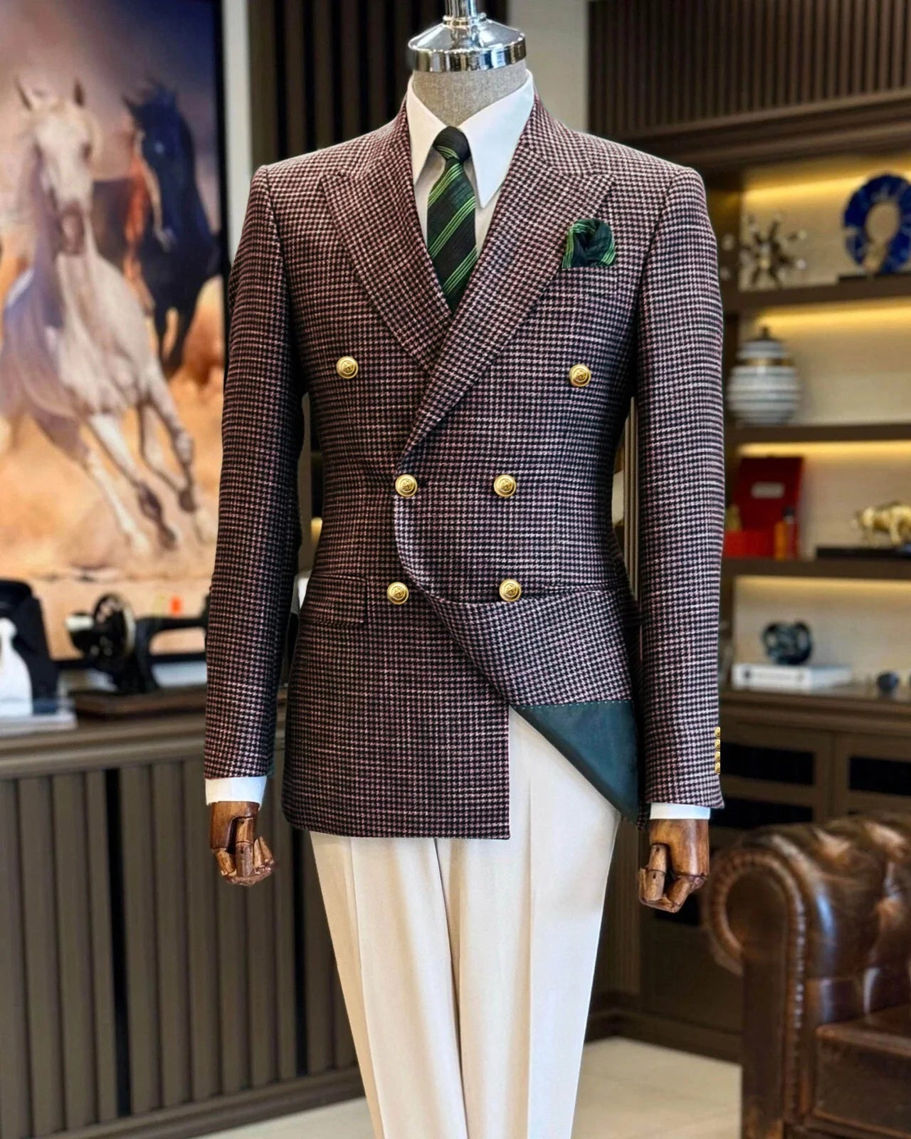 Voguable  Black Men's Suit Jacket Houndstooth Peak Lapel Double Breasted Business Regular Fit Blazer Man plus size voguable