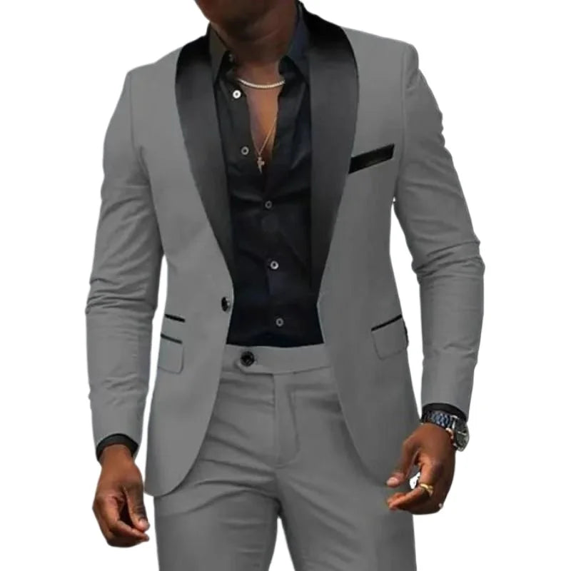 Voguable  Men's New Fashion Business Casual Two-piece, Comfortable and Breathable Slim-fit Side Slit Single-button Suit Jacket+trousers voguable