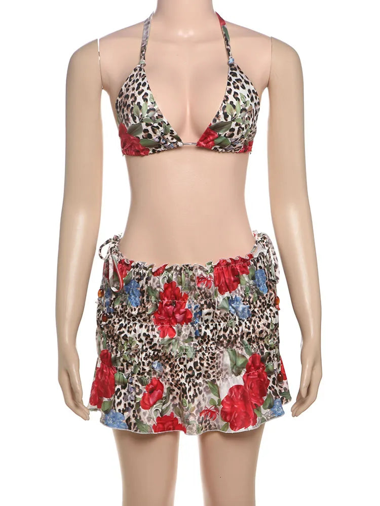 Leopard Flower Print 3 Piece Set Women Halter Bra+Strap Shorts+Ruched Skirts Vacation Trend Beach Party Bikini Suits voguable