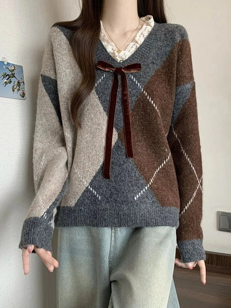 Sweet Bow Argyle Sweaters Women Retro Preppy Style Loose Knitted Pullover Lace Patchwork Long Sleeve Female Vintage Jumpers Fall voguable