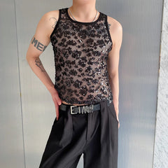 Voguable Sequin Splicing See-through Design Sexy Trendy Sleeveless Vest Original Personality Stylish Street Men's Tank Tops voguable