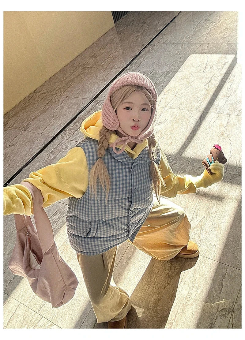 Cute Blue Plaid Puffy Vest Women Loose Vintage Sleeveless Warm Thick Winter Sweet Vest Coat Korean Preppy Style Outwear Top voguable