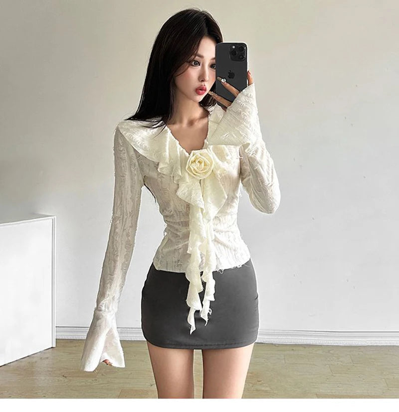 3D Floral Ruffles Y2K T Shirts Women Slim Long Sleeve Hole Gothic Tops Streetwear Harajuku Vintage Lady V Neck Design Tees voguable