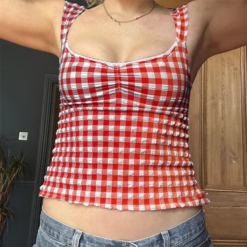 y2k Tops for Women Summer Fairycore Clothing Plaid Print Lace Trim Sleeveless Tanks T Shirts 2000s Clothing Streetwear voguable