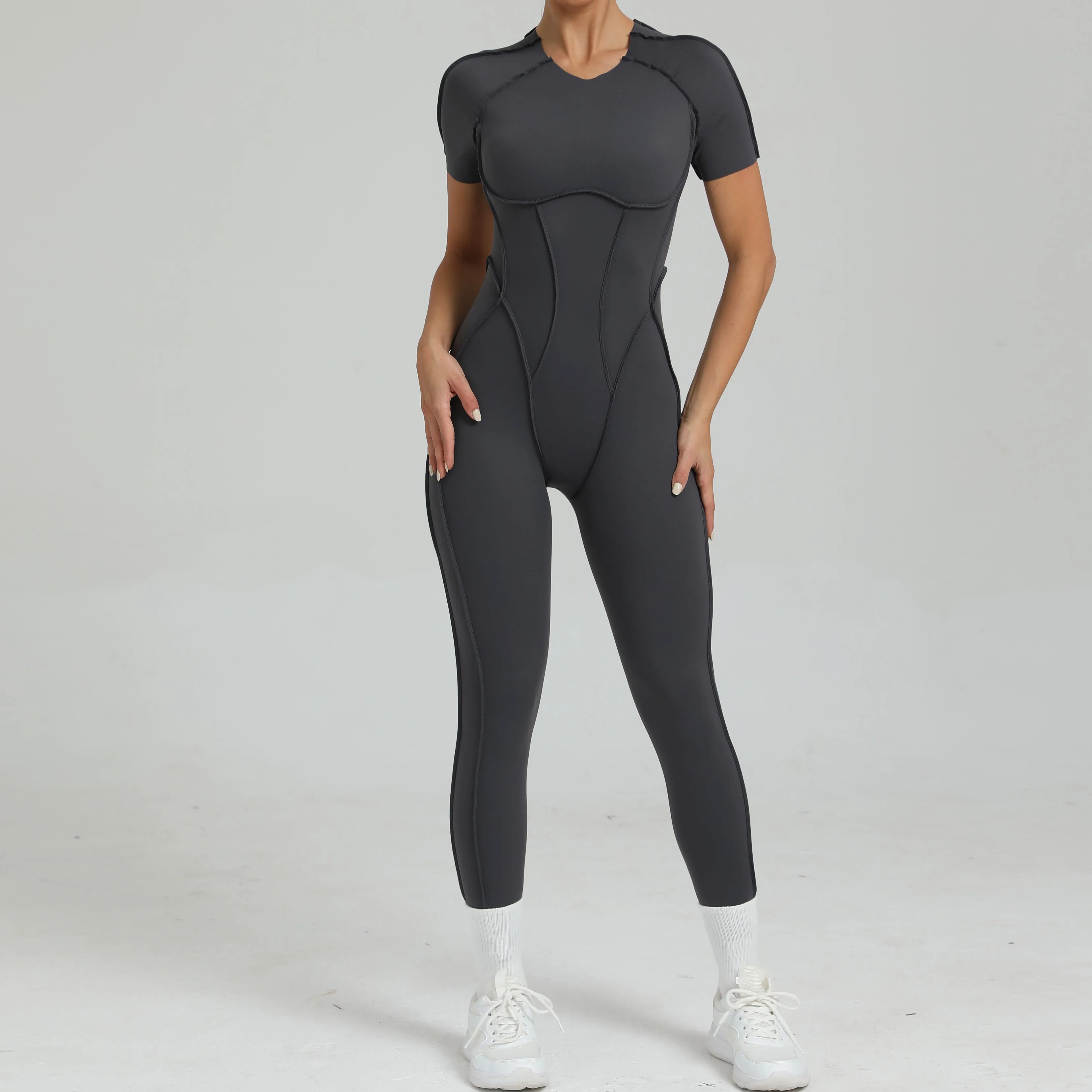 Voguable  Women's One-Piece Suit Zipper Short Sleeve Gym Push Up Workout Clothes Fitness Short Bodysuit Sportswear Jumpsuits voguable