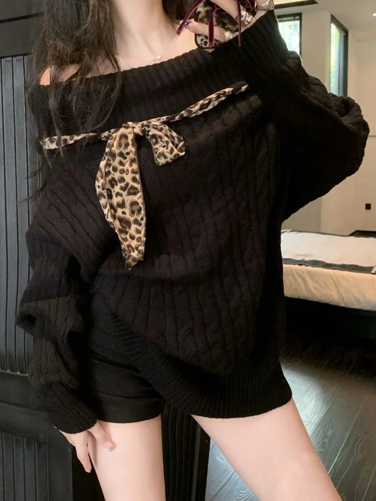 Sexy Off Shoulder Y2K Sweater Women Vintage Leopard Lace Up Knitted Jumper Casual Lazy Wind Long Sleeve Slash Neck Pullover voguable