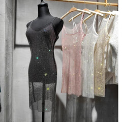 Voguable  Bungee Sexy Slim Slim Women's Summer New Bright Diamond Crystal Temperament Bag Hip Sling Mid-length Dress Fashion Trend voguable