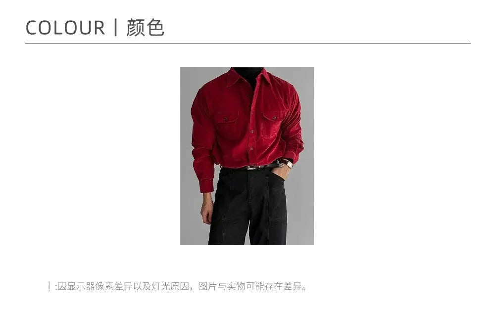 Korean High-end Shirt Temperament Red Corduroy Long-sleeved Shirts Men Women Spring Loose Lazy Trendy Tops Aesthetic Chic Blouse voguable