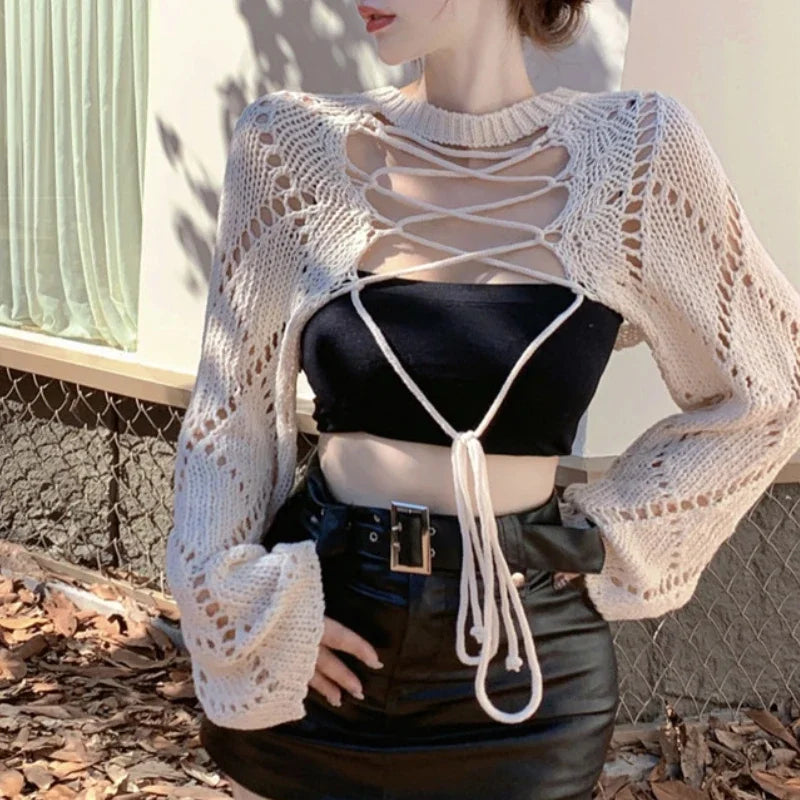 Voguable 2024 Summer New Korean Hollow Sexy Backless Lace-up Solid Color Long-sleeved Sweater Women + Basic Camisole Two-piece Suit voguable