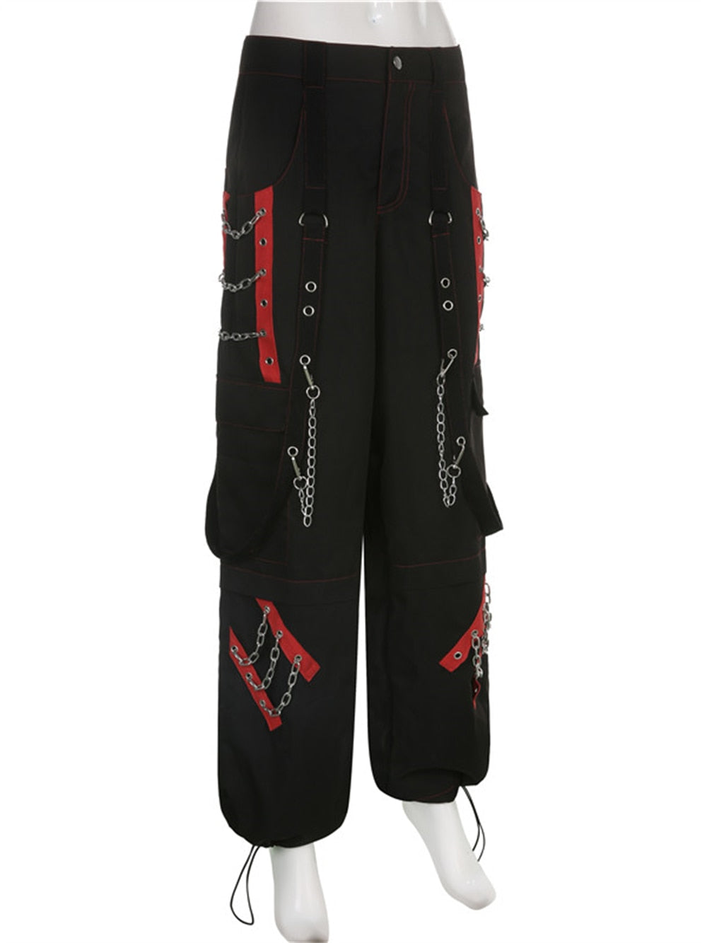 Cyber Punk Unisex Cargo Wide Leg Pants Chain Bandage Ruched Tie Capris Pants Women Gothic Baggy Trousers BF Hippie Grunge Jogger voguable