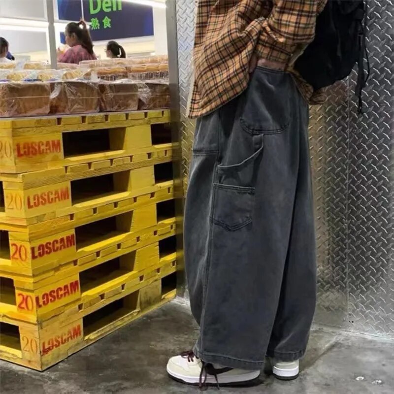 Streetwear  multi-pocket jeans cargo pantsLoose Plus Size Wide Leg Pants Japanese Harajuku Casual Denim Pants Men Clothing voguable
