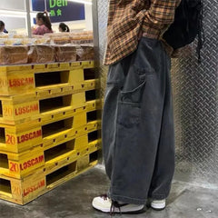 Streetwear  multi-pocket jeans cargo pantsLoose Plus Size Wide Leg Pants Japanese Harajuku Casual Denim Pants Men Clothing voguable