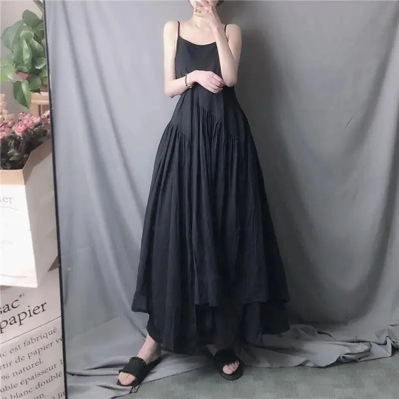 White Camis Dress Women Summer Korean Elegant Irregular Black Long Beach Dress Vintage Loose Solid All Match A Line Dress voguable