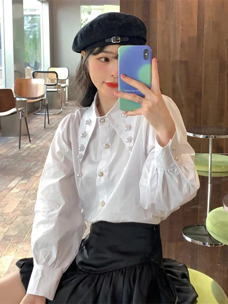 Voguable  Elegant Buttons Sweet White Shirt Women Fashion Long Sleeve Simple Blouse Korean Preppy Style Casual All Match Female Tops voguable