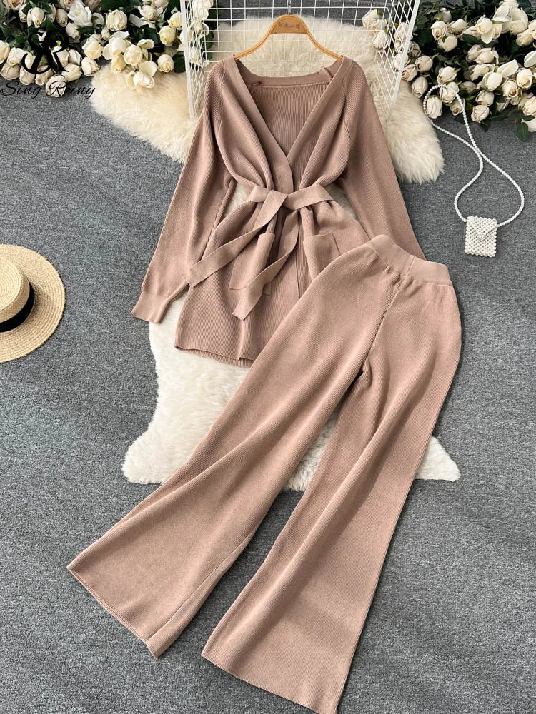 Winter Casual Two Pieces Suits Long Sleeve Knitted Cardigan Coat+Elastic Waist Wide Leg Pant Female Loose Sweater Sets voguable