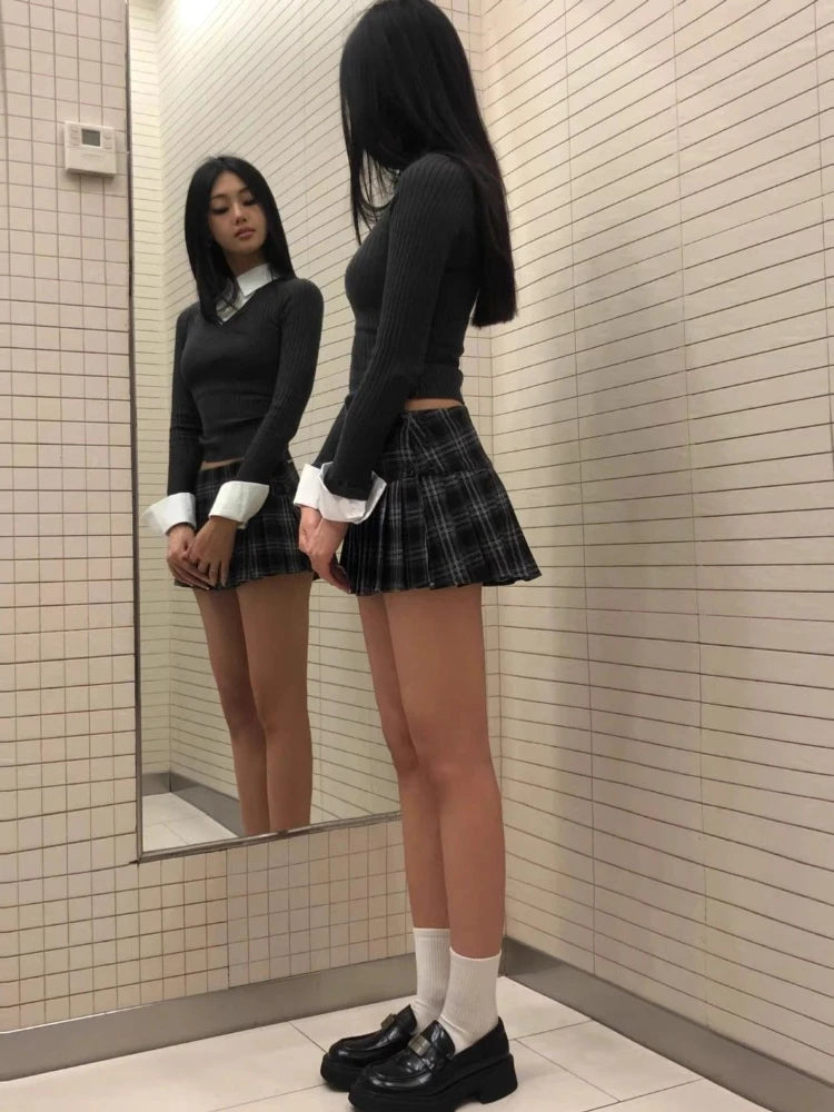 HOUZHOU Vintage Y2K Plaid Mini Skirt Women Sexy Preppy Style Low Waist Slim A-line Side Split Retro Pleated Skirt Streetwear voguable