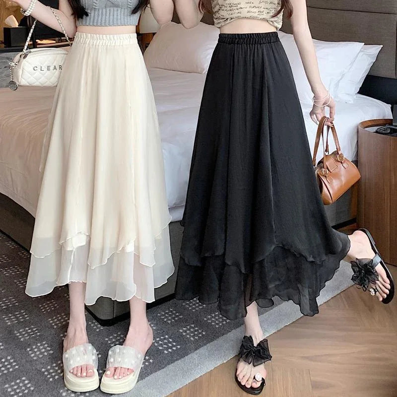 Summer Women Mesh Skirt Fashion Korean High Waist Loose Midi Skirt Y2K Elegant Female Casual All Match A Line Skirts New voguable