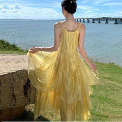 Voguable  Boho Yellow Tie Strap Maxi Dress for Women Ruffled Neck Keyhole High Low Hem Flowy Chiffon Dresses Summer Commute Beach Vacation voguable