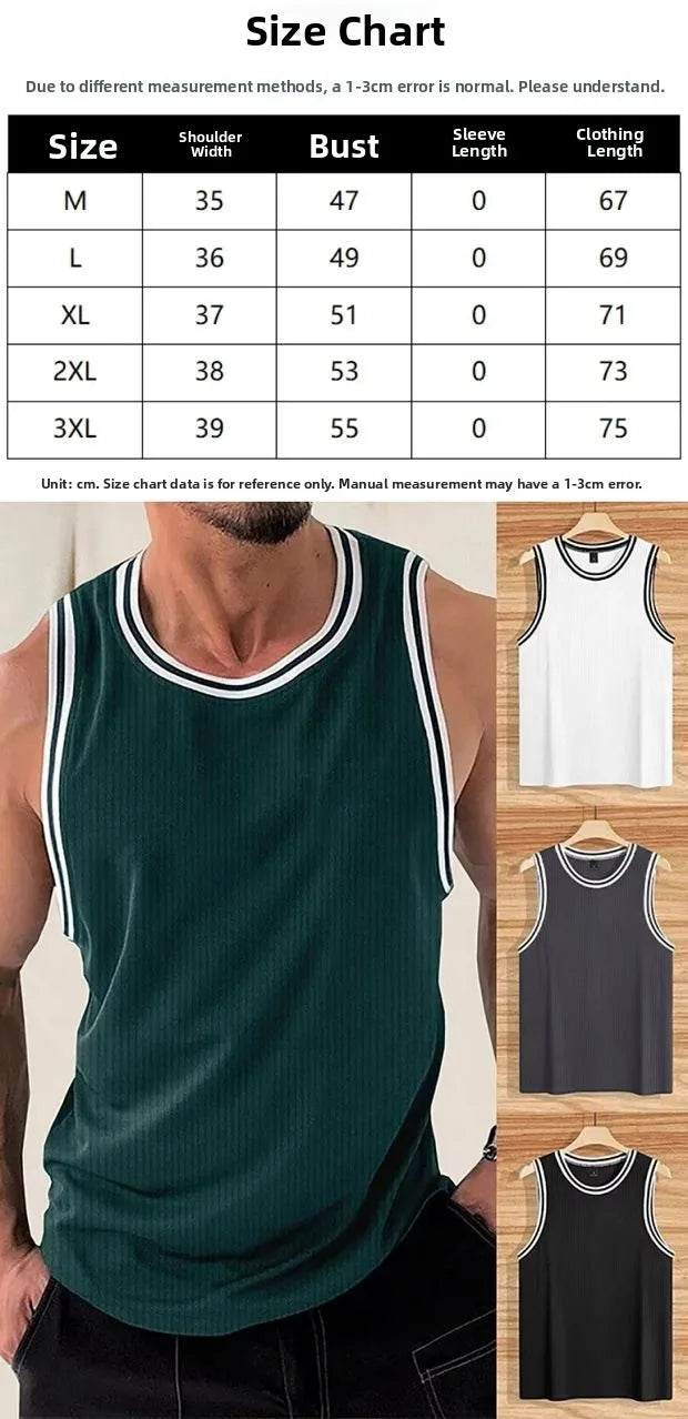 Voguable  Ice Silk Muscle Vest Elastic Ribbed Texture Sporty Sleeveless T-Shirt for Young Men Summer Season Regular Thickness round Neck voguable