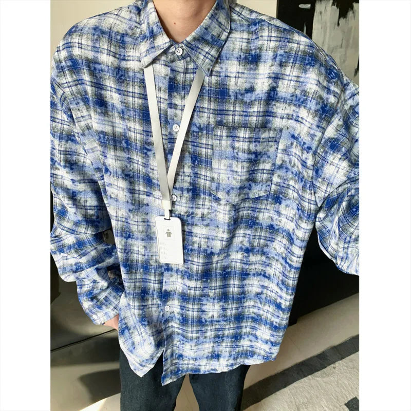 Tie Dye Long Sleeved Shirt Men Retro Plaid Shirt Men Japanese Streetwear Loose Casual Shirts Mens Fashion Shirts Large Size 5XL voguable