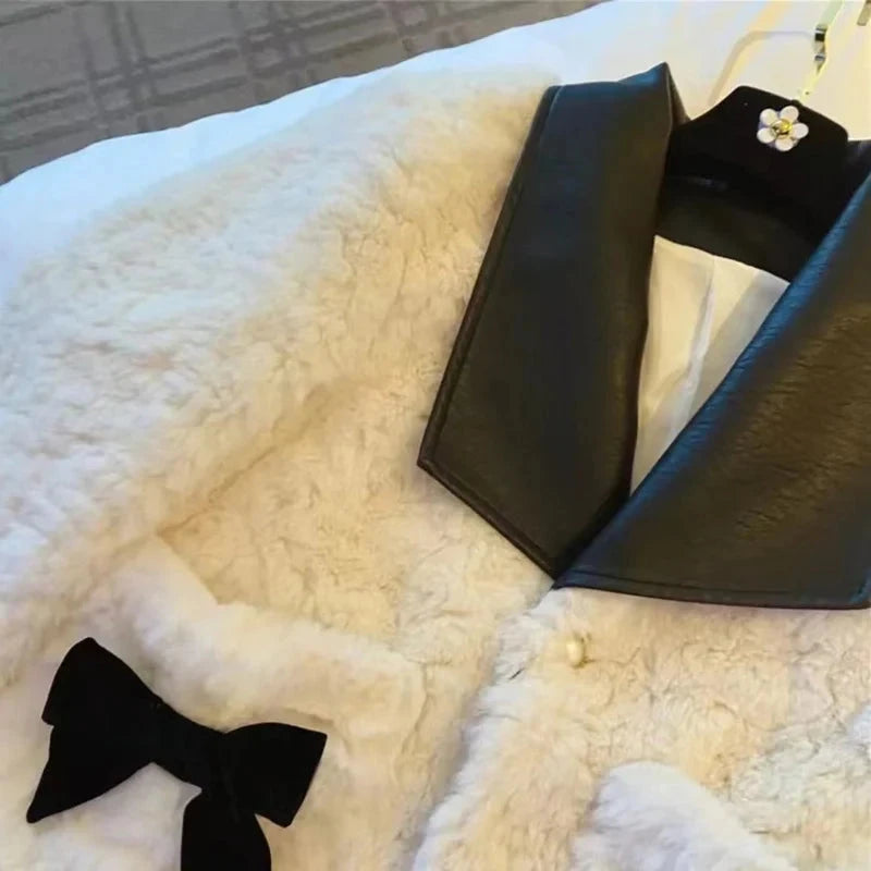 Women Sweet Bow Faux Lamb Coat Fashion Korean Long Sleeve Winter Warm Jacket Chic Slim Patchwork Elegant Pockets Outwear voguable