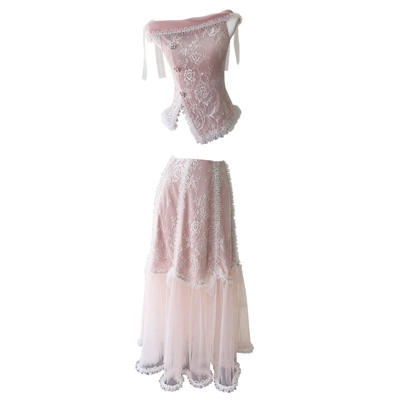 Women's Two Piece Set Lace Patchwork Ear Fungus Edge Design Top+ High Waist Skirt Female Sets New Tide 3QW0560 voguable