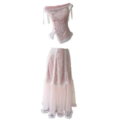 Women's Two Piece Set Lace Patchwork Ear Fungus Edge Design Top+ High Waist Skirt Female Sets New Tide 3QW0560 voguable