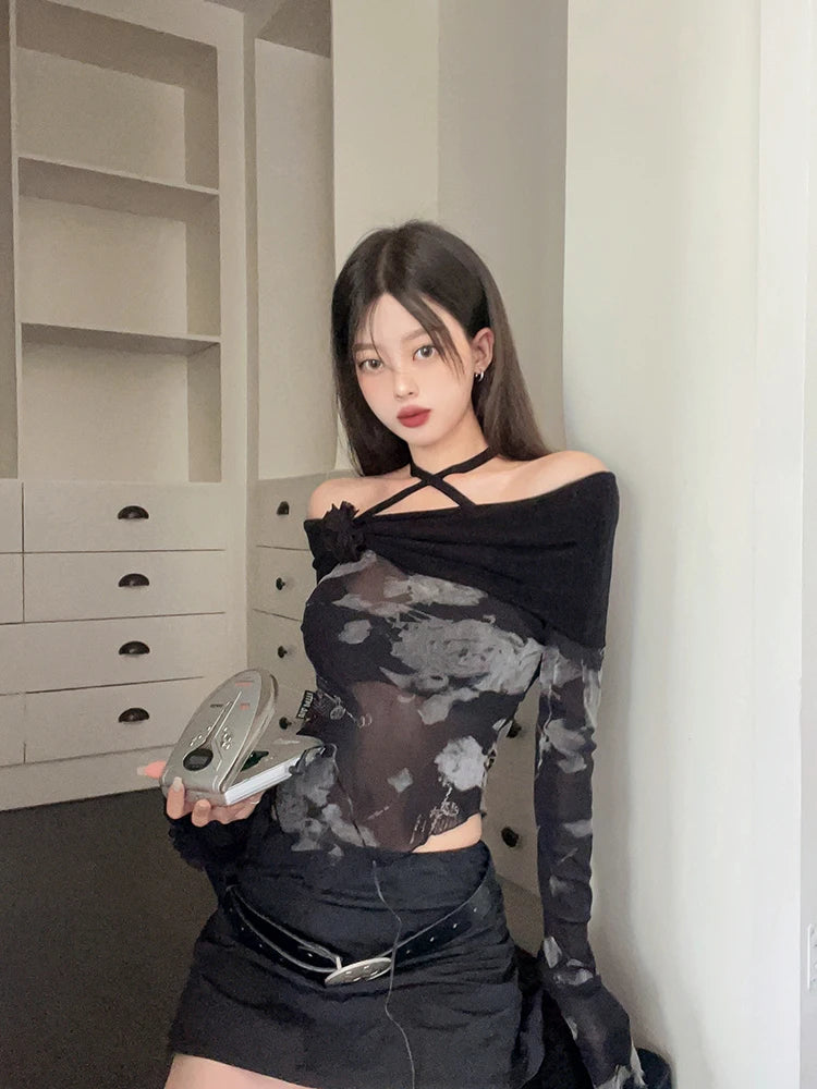 Voguable Harajuku Retro Tie Dye Mesh Tops Flare Sleeve Lace Up T Shirt Women Y2k Vintage Crop Tops Streetwear Japanese 2000s E Girls Top voguable