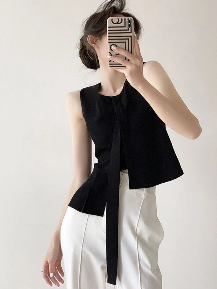 Fashion White Tanks Women Irregular Sexy Slim Sleeveless Tanks Tops Summer Korean Design Female Casual Elegant O Neck Tops voguable