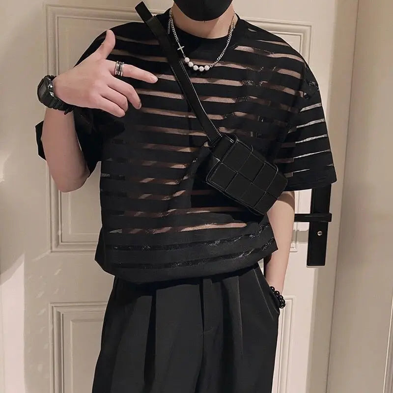 Voguable  Korean New Men's Clothing Fashion Hollow Out Striped Tops Man Comfortable Breathable Lace Thin Style T-shirt voguable