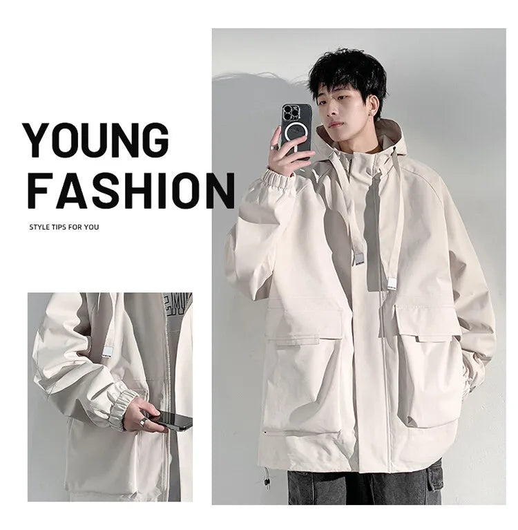 Outdoor jacket Streetwear Coffee Cargo Jacket Men Women 2025 Spring Harajuku Coat Korean Fashion Big Pocket Loose Casual 4Colors voguable