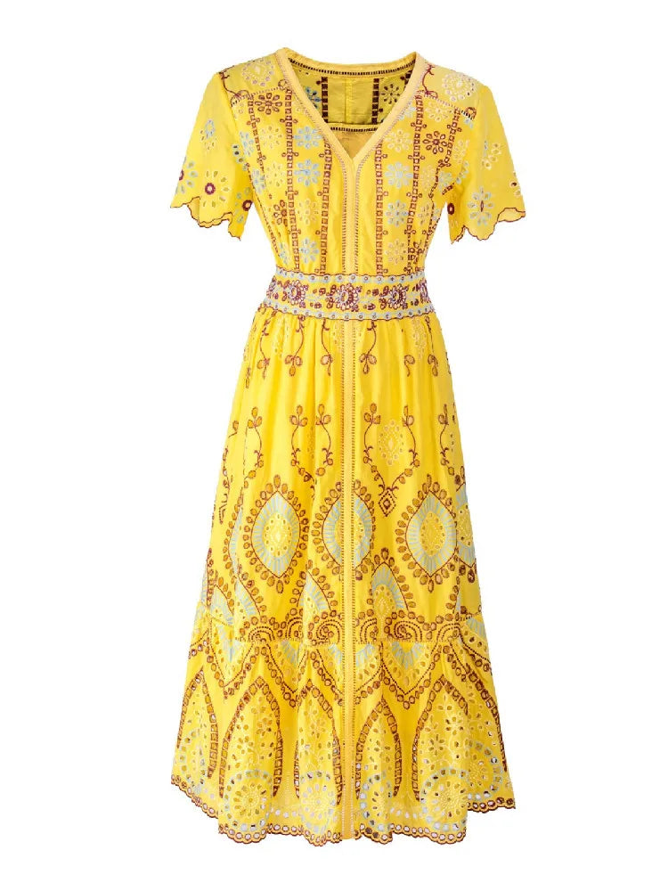 Voguable  Summer Vocation V neck Embroidery Hollow Out Hole Flower Midi Dress Woman Short Flare Sleeve Swing Beach Holiday Robe voguable