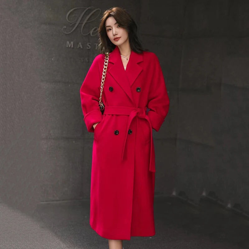 Winter Fashion Faux Woolen Coats Women Korean Elegant Solid Thick Belt Long Jacket Y2K Ladies Loose All Match Blends Outwear New voguable