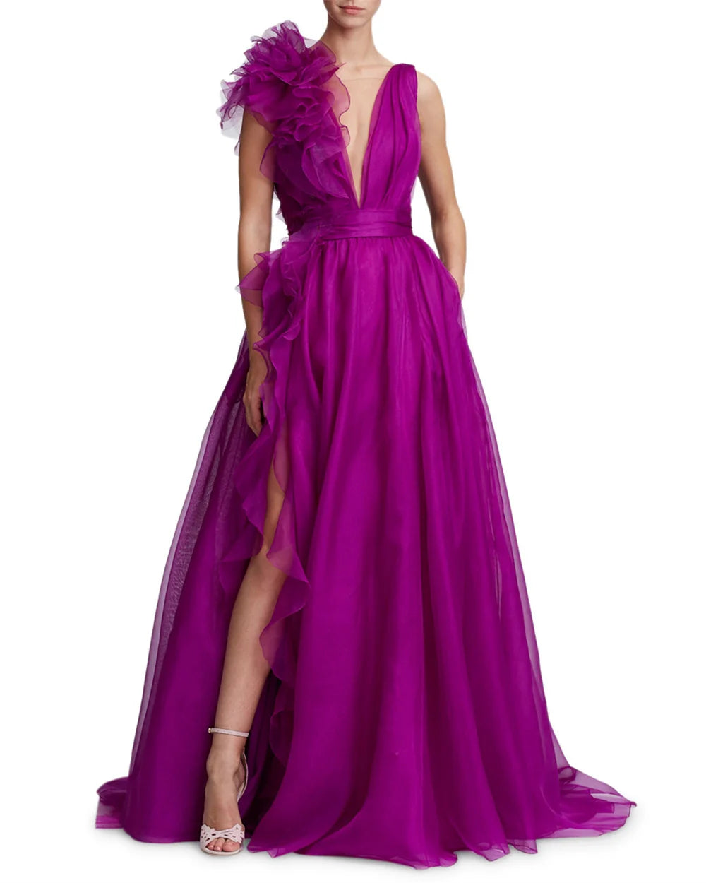 Voguable  Purple V-neck Prom Dress  Sleeveless Organza Prom Gown Hydrangea Ball Party Dress voguable