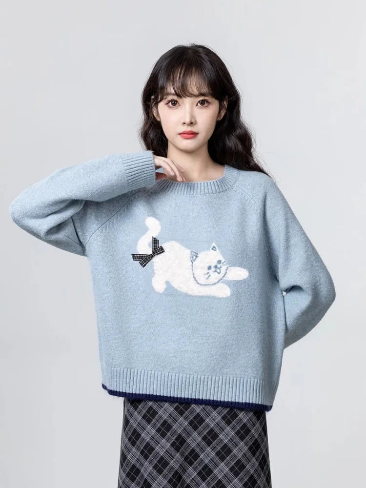 Cartoon Cat Print Kawaii Sweaters Women Sweet Bow Long Sleeve Cute Knitted Jumper Vintage Japan O Neck Casual Loose Pullovers voguable