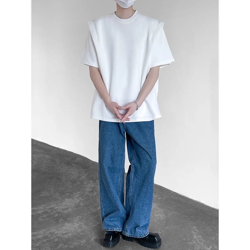 Summer T Shirt Men Fashion Black White Casual Short Sleeved T-shirt Men Streetwear Korean Loose Shoulder Pad T Shirt Mens Top voguable